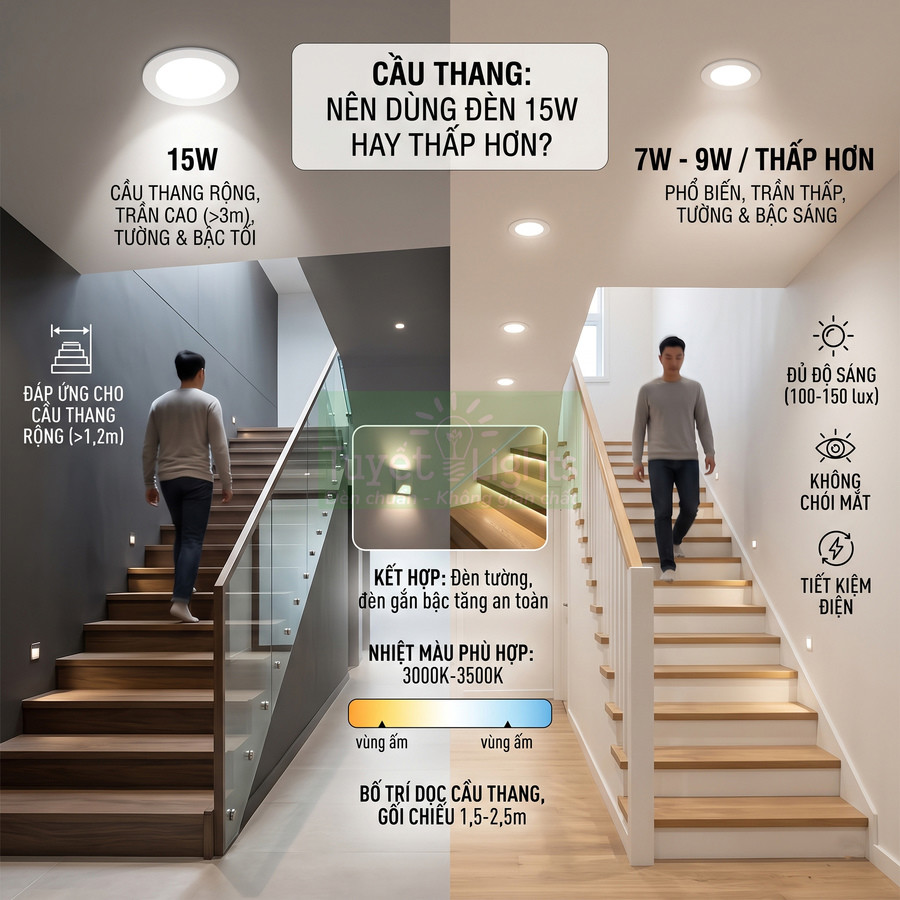 So sánh đèn LED âm trần 15W và 7W 9W cho cầu thang, minh họa cách bố trí chiếu sáng an toàn tiết kiệm điện